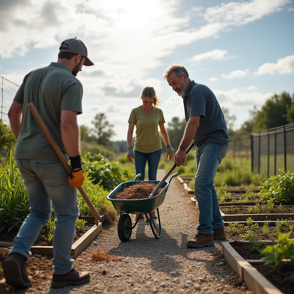 Volontari che puliscono e sistemano i vialetti comuni di un giardino condiviso