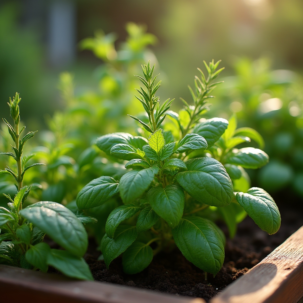 Parcella con erbe aromatiche e ortaggi coltivati in aiuole rialzate in un giardino comunitario