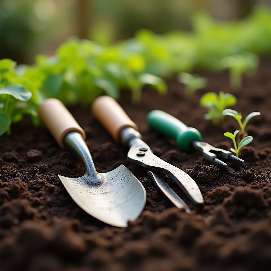 Primo piano di attrezzi da giardinaggio condivisi appoggiati su una parcella coltivata